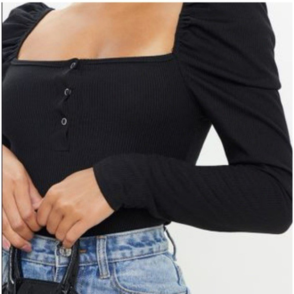 New Ribbed Bodysuit PrettyLittleThing Black Long Puff Sleeve US 8 Square Neck - Picture 2 of 15